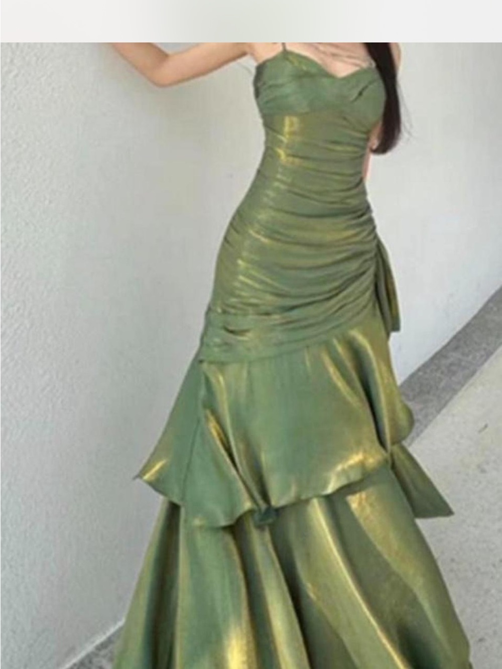 Vintage Olive Green Satin Ruched Prom Gown